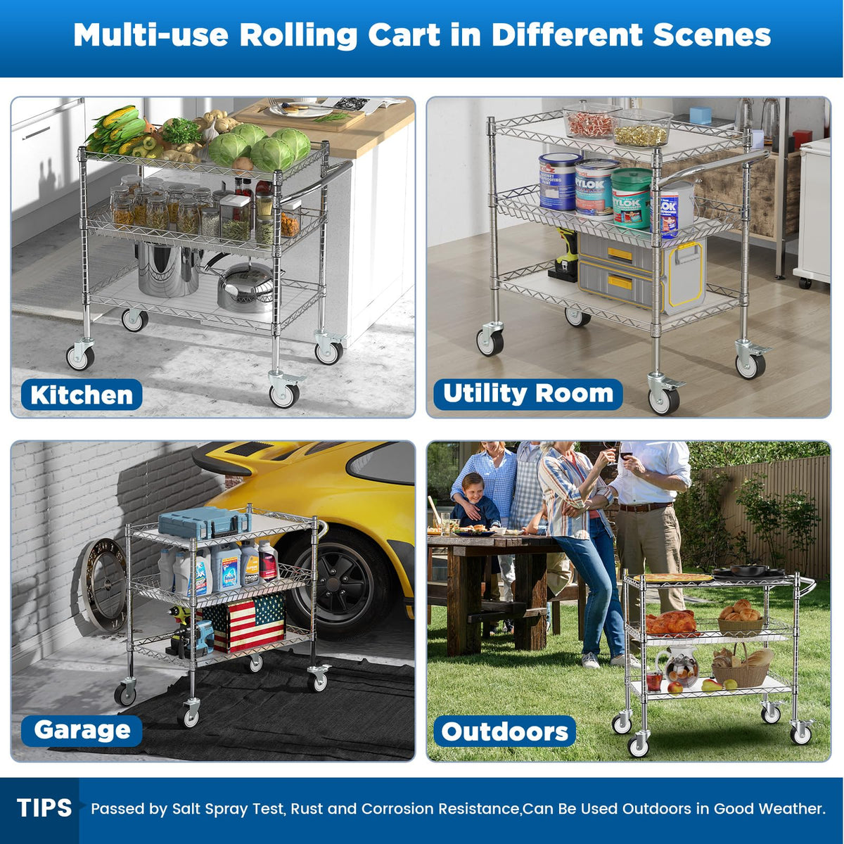 Leteuke 3 Tier Rolling Carts with Wheels, Heavy Duty Rolling Utility Cart