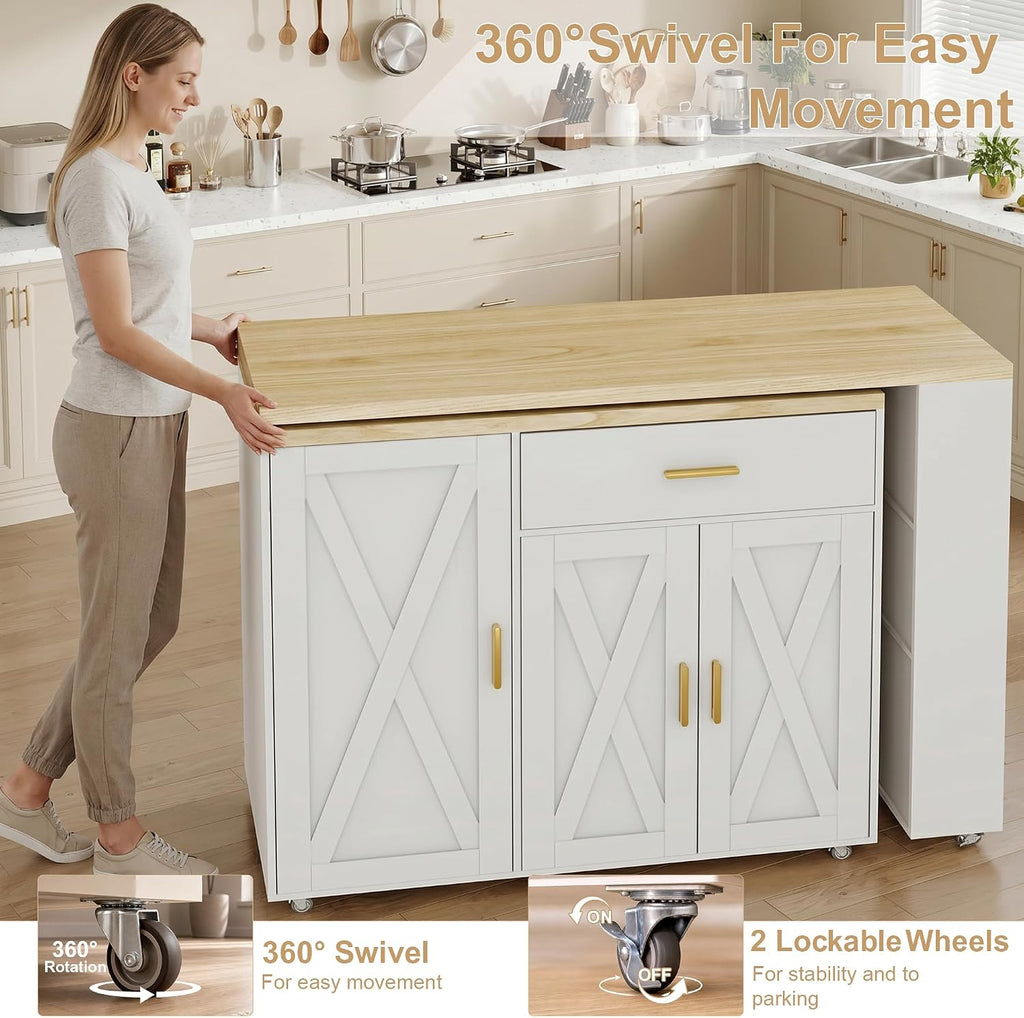 DreamDashio Kitchen Island with Storage, Rolling Kitchen Island with Swivel Table, Drawers & Shelves, Mobile Kitchen Island Cart with 360Â° Swivel Extendable Dining Table for Kitchen, Dining Room
