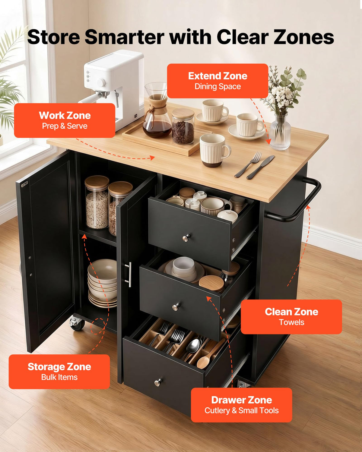 VEVOR Kitchen Island Cart with Storage, 42.28 in Wide Mobile Rolling Storage Island on Swivel Wheels, with Drawer, Storage Cabinet, Drop Leaf, Spice Rack, Table for Home Dining Room, White