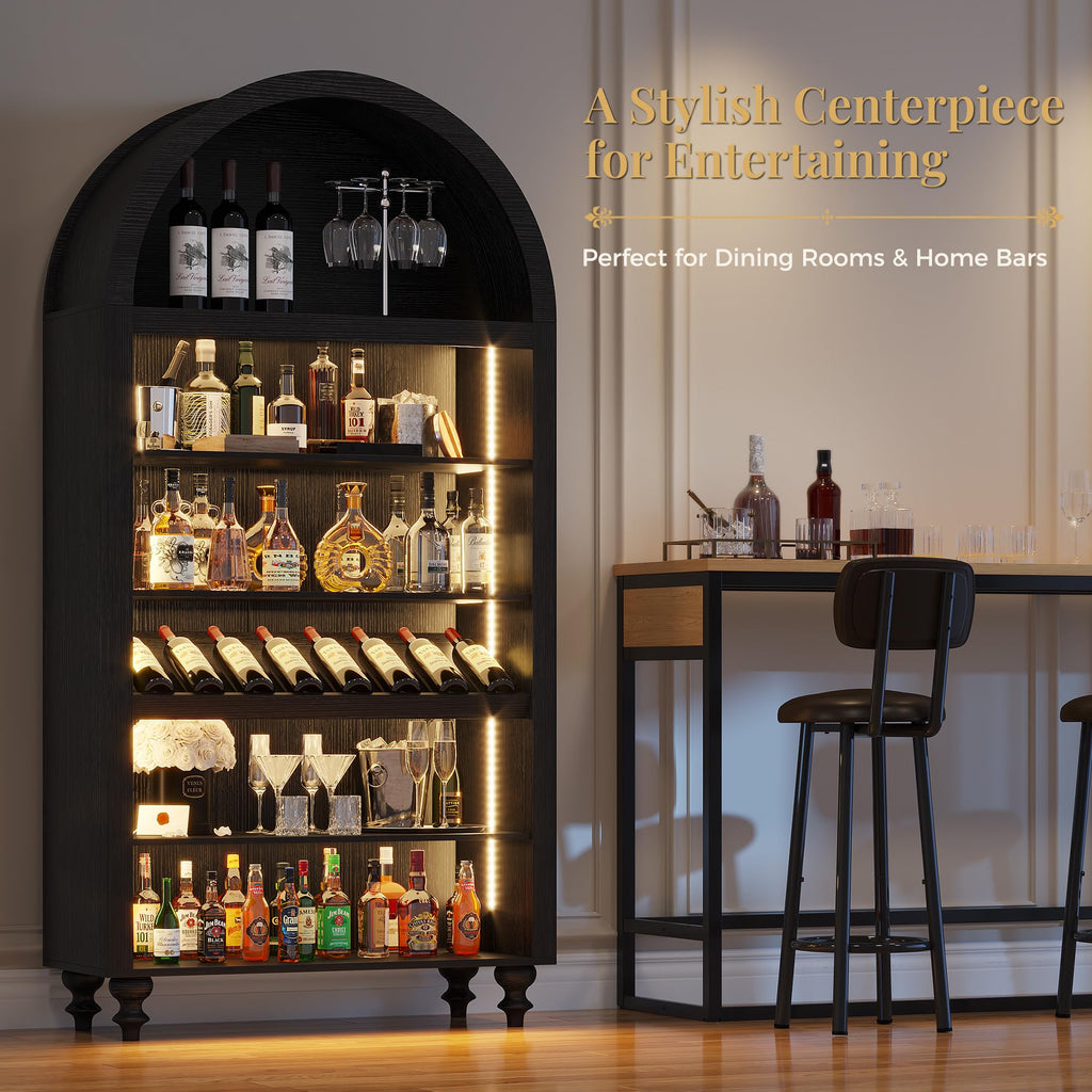 71" Tall Arched Wine Bar Cabinet with Wine Racks & Glass Holder, Wide Liquor Cabinets with LED Lights & Charing Ports, Kitchen Pantry Cupboard, Coffee Bar Storage Cabinet for Home, Dining Room (Oak)