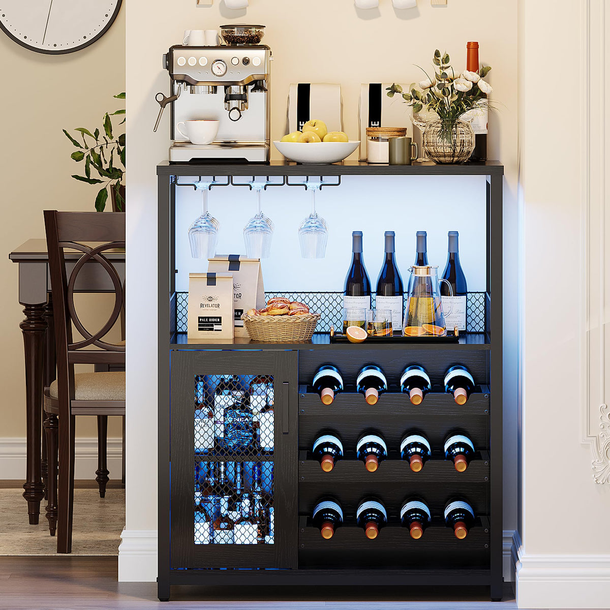 Jojoka 3 Tier Wine Bar Cabinet with LED Lights, Adjustable Storage, Liquor Rack, Glass Holder, Mesh Door, Multi Functional Coffee Bar Sideboard Buffet for Home, Dining Room