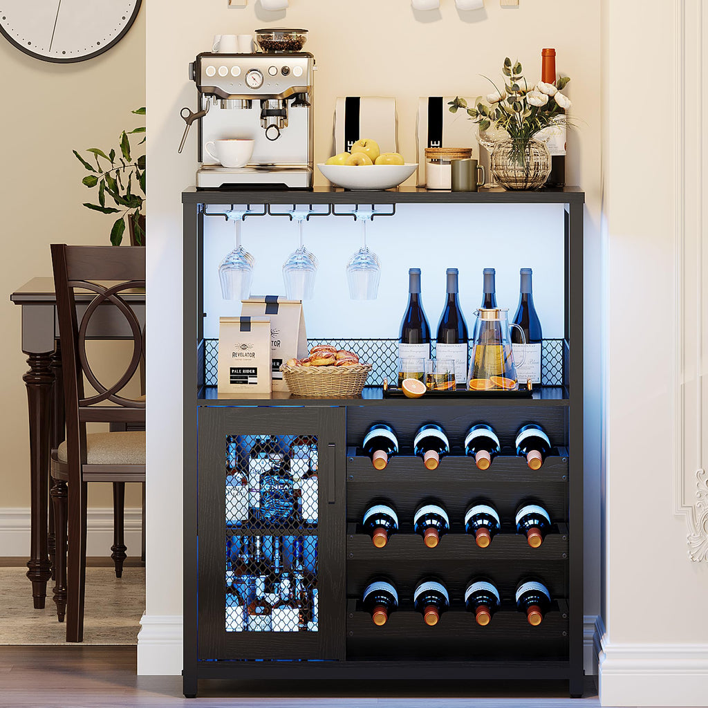 Wine Bar Cabinet, 3-Tier Detachable Wine Rack, Stemware Glass Holder, Mesh Door & Storage Shelves, Liquor Storage Buffet Sideboard for Kitchen, Dining Room, Living Room or Home Bar - Black