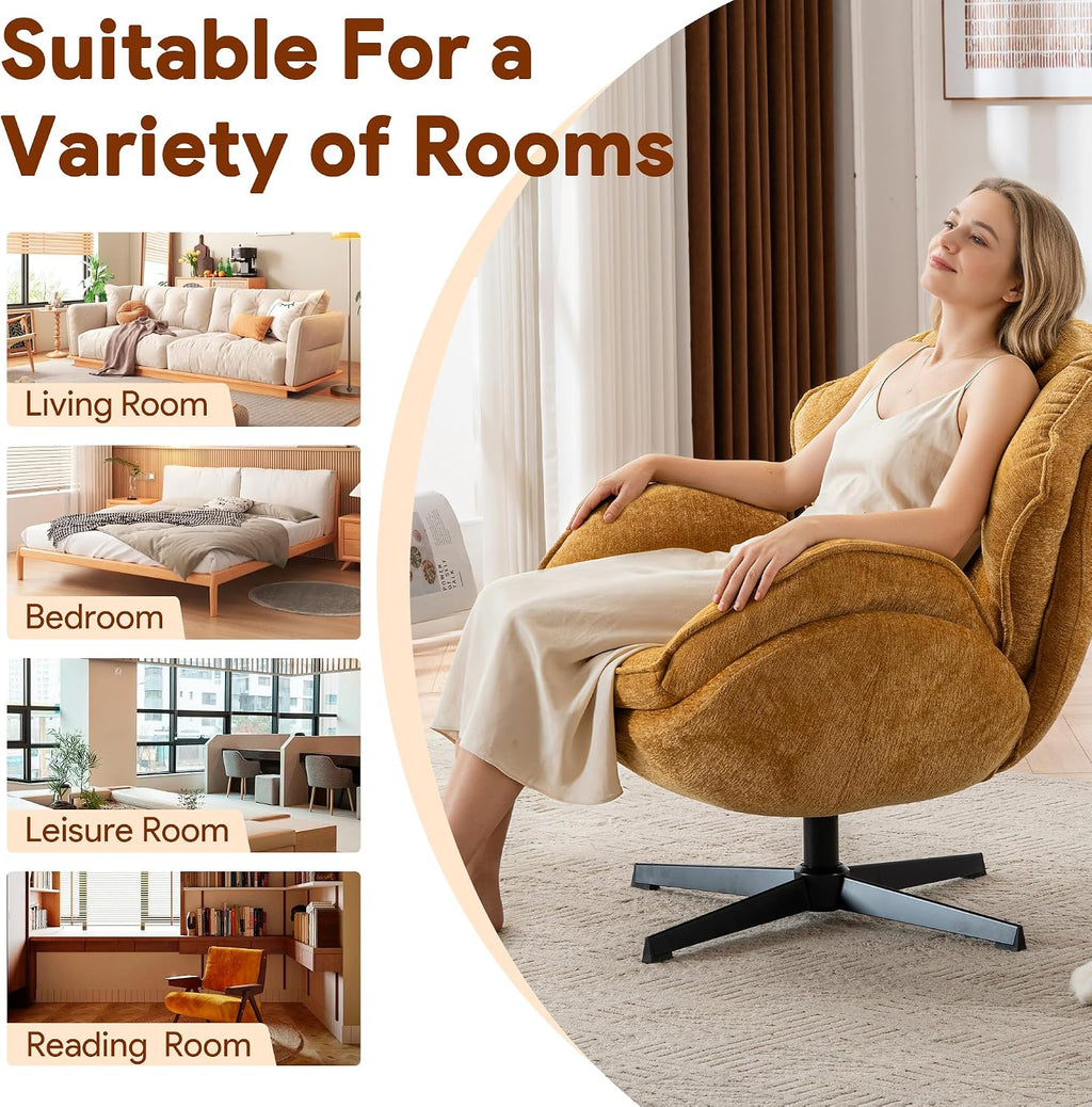 Swivel Accent Chair, Modern Recliner Lounge Chair with Metal Base Frame, Comfy Tufted Armchair for Living Room, Bedroom, Home Office, Brown