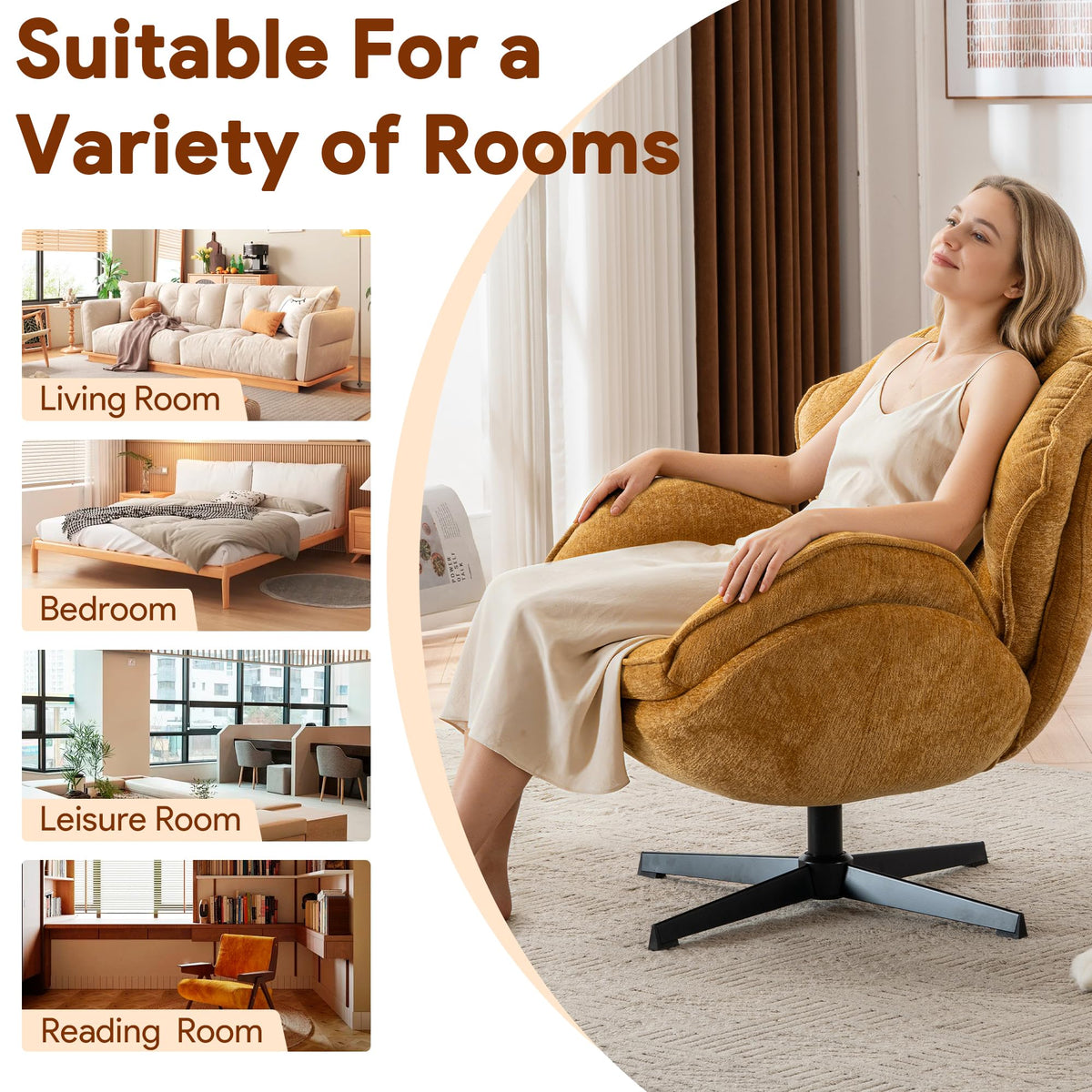 Swivel Accent Chair, Modern Recliner Lounge Chair with Metal Base Frame, Comfy Tufted Armchair for Living Room, Bedroom, Home Office, Brown