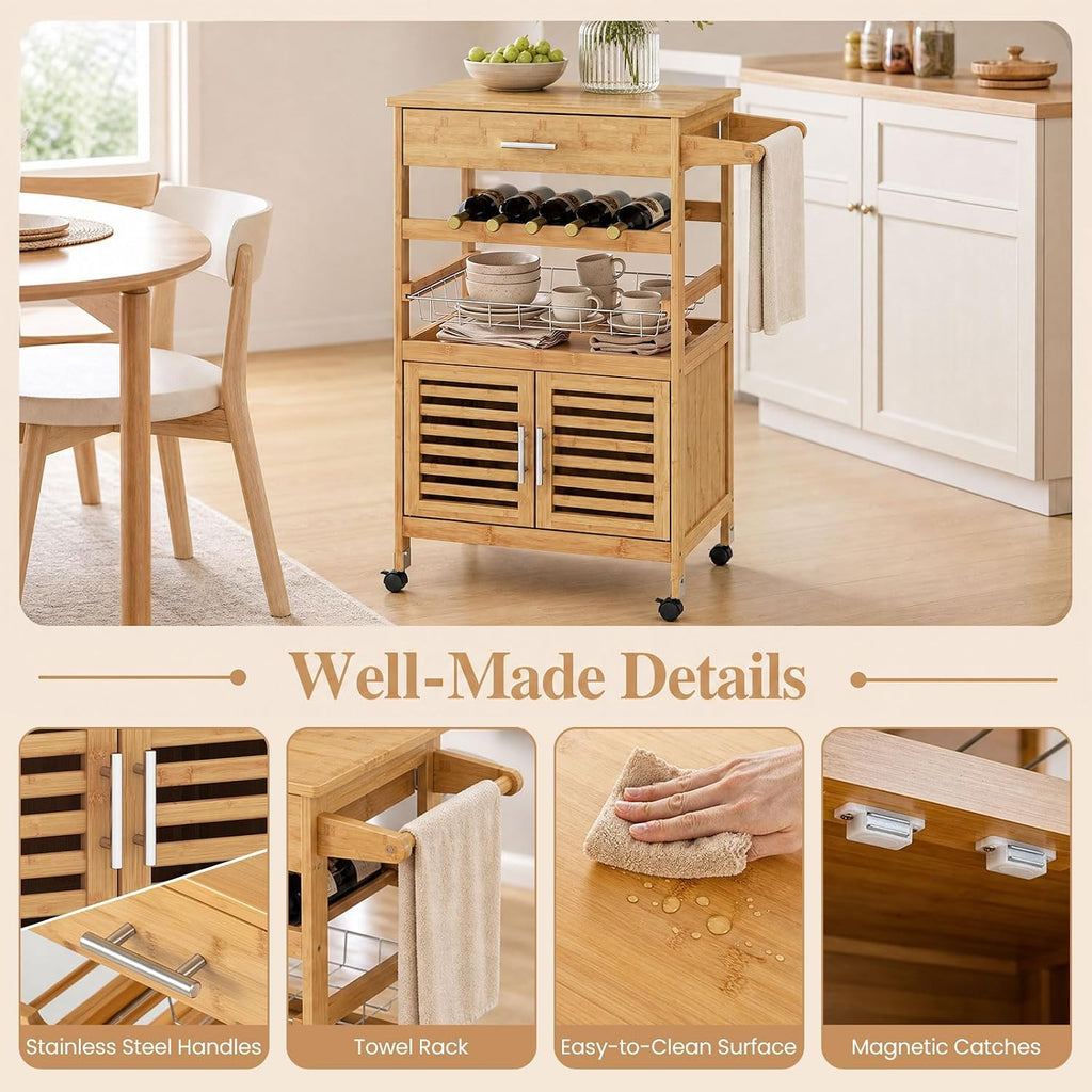 GIANTEX 27" Bamboo Kitchen Island Cart with Storage, Drawer, Wine Rack
