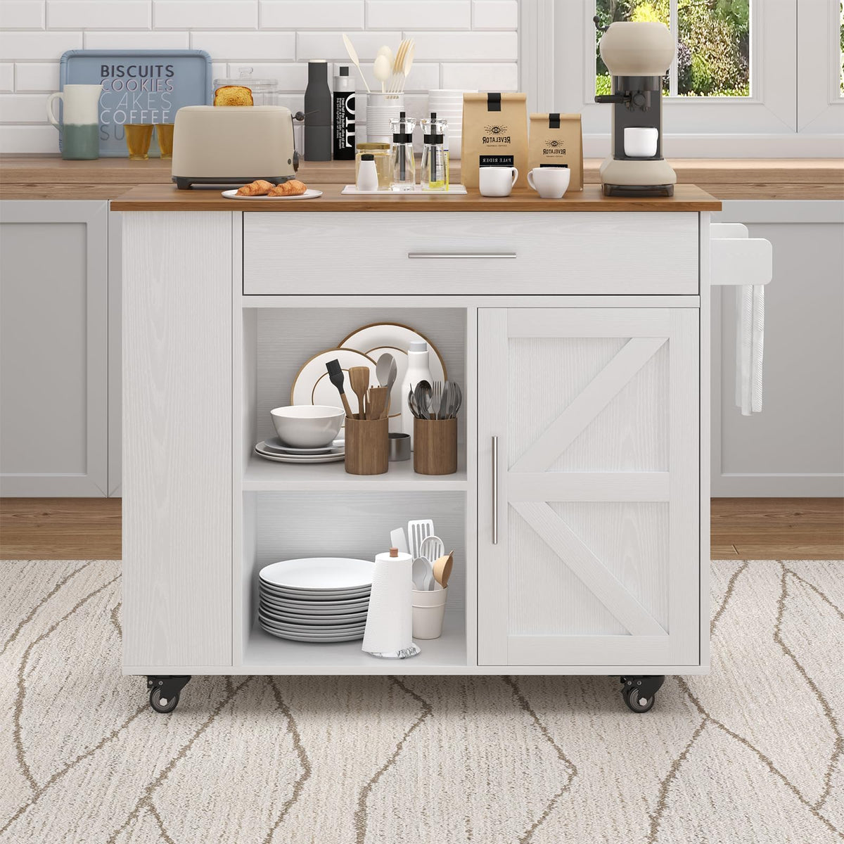 39'' Kitchen Island with Storage, Rolling Kitchen Island on Wheels, Grey