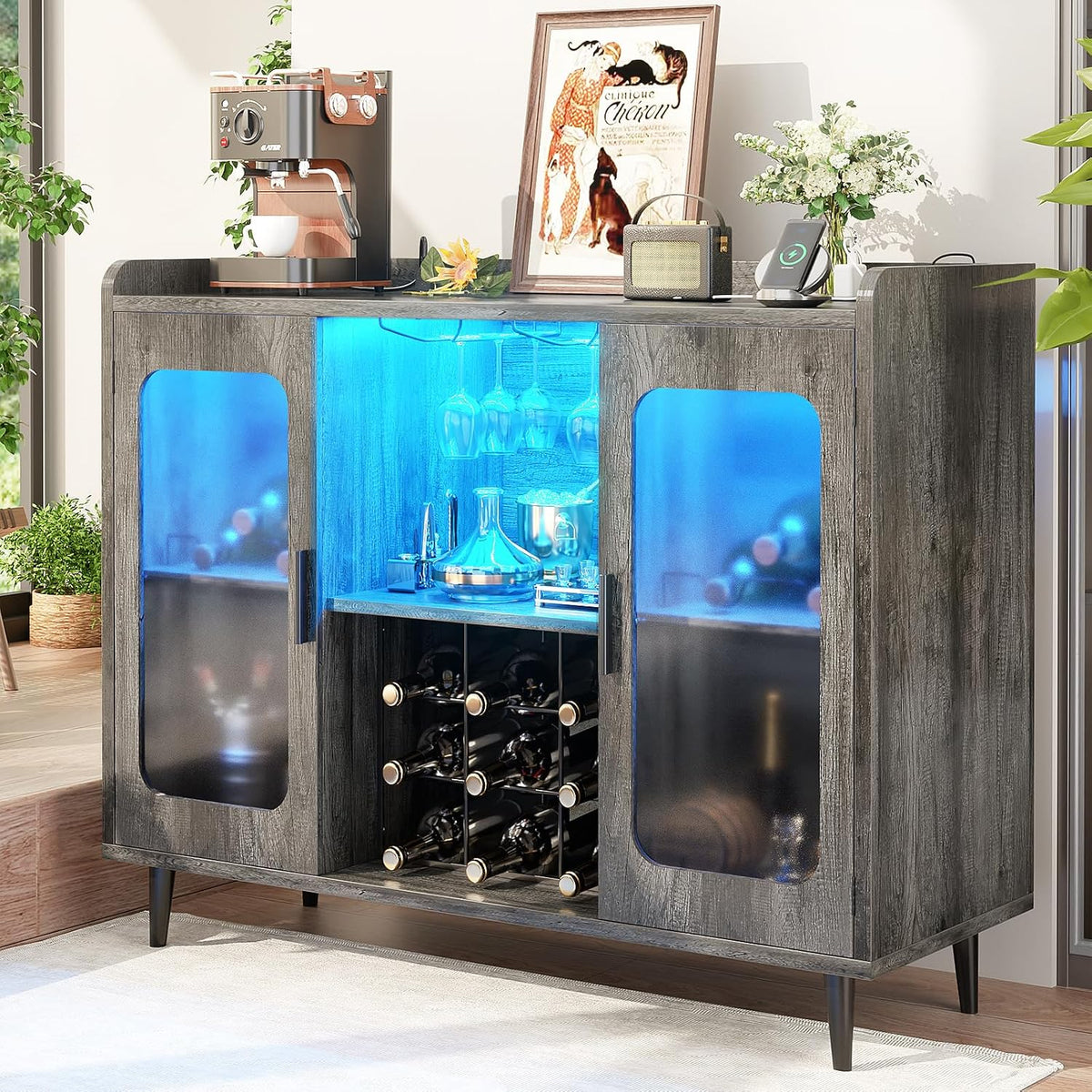 iSunirm Wine Bar Cabinet with Power Outlet & LED Light, Black Oak