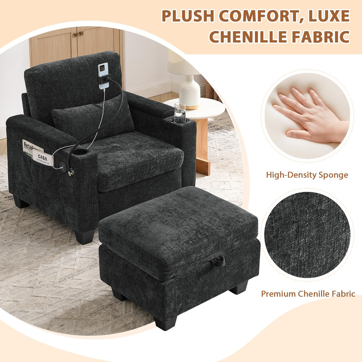 Oversized Chaise Lounge Chair Indoor, Single Convertible Recliner Reading Arm Sofa Chair W/Adjustable Backrest & Charging Port Couch Bed for Living Room, Home Theater & Bedroom, Brown