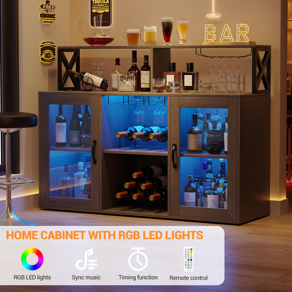 Garvee Wine Cabinet with LED Light, Bar Cabinet with Wine Rack, Glass Holder, and Power Outlets, for Living Room Dining Room, Black