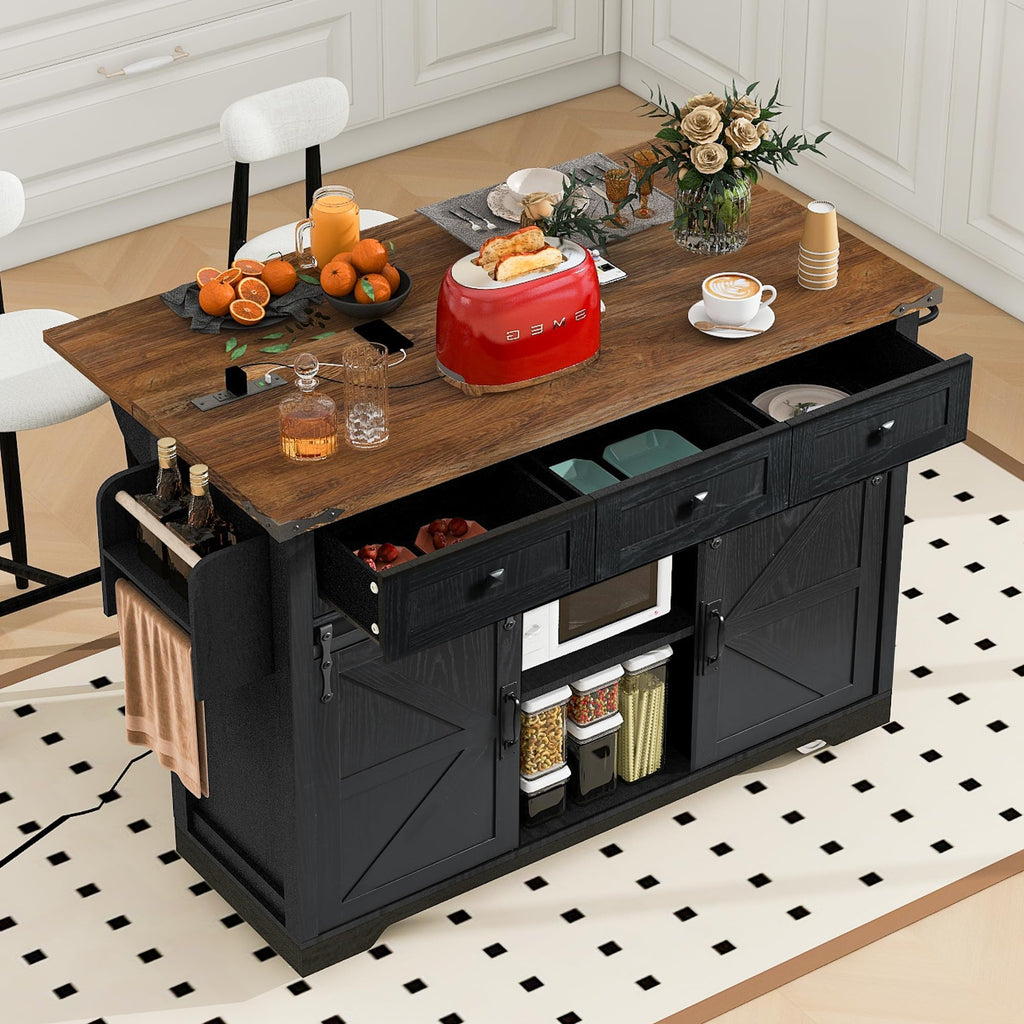 Ball & Cast Farmhouse Kitchen Island with Power Outlet,Dining Storage Island with Drop Leaf,Spice Rack and Drawer,Rolling Dining Cart on Wheels for Home,Kitchen,Dining Room,White,54"
