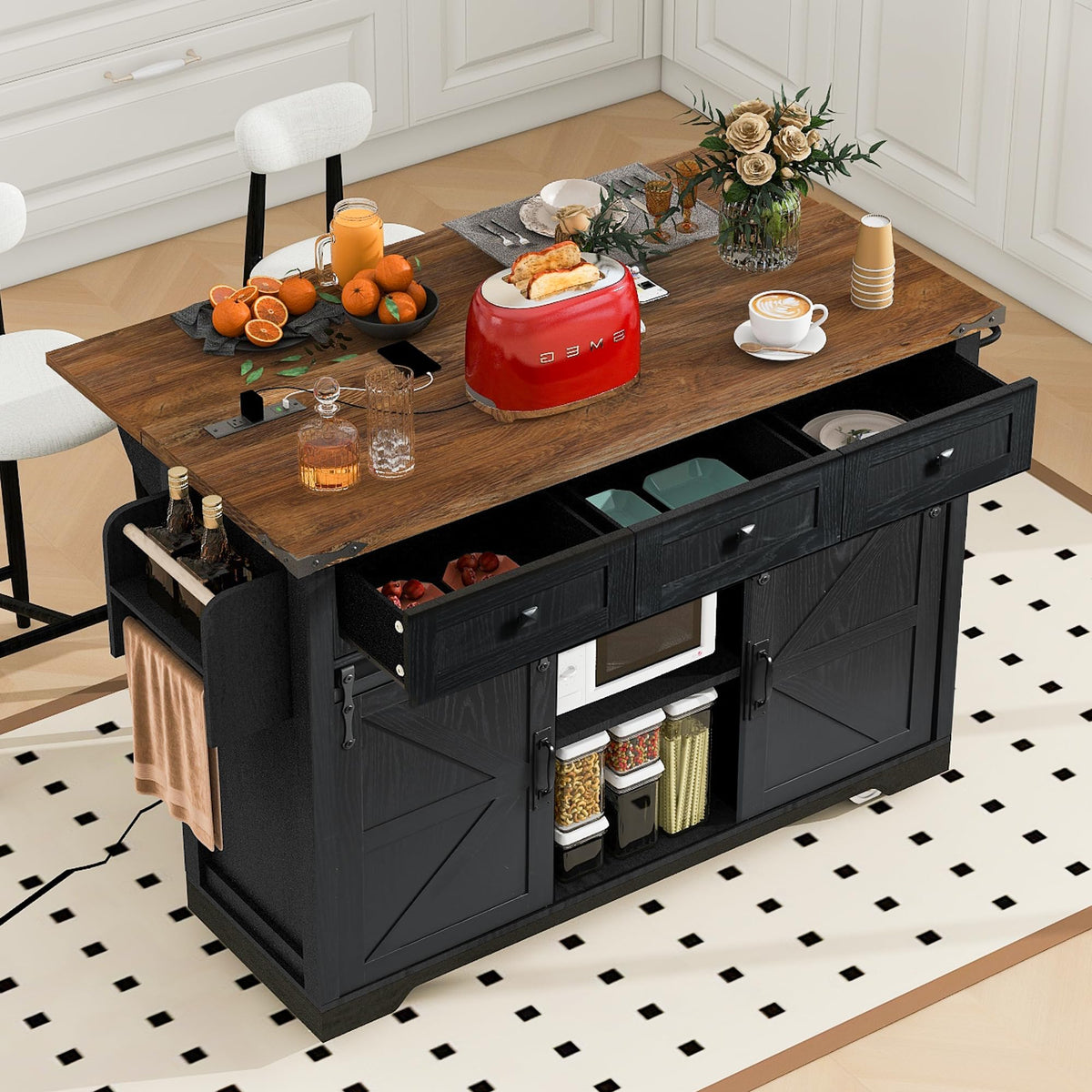 Ball & Cast Farmhouse Kitchen Island with Power Outlet,Dining Storage Island with Drop Leaf,Spice Rack and Drawer,Rolling Dining Cart on Wheels for Home,Kitchen,Dining Room,White,54"