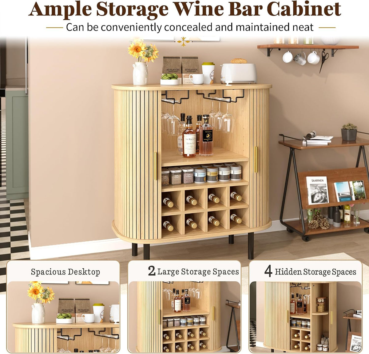 Natural Wine & Coffee Bar Cabinet with Gold Handle & Sliding Tambour Doors,Modern Curved Liquor Cabinet Coffee Station with 8*Wine Rack & 2*Glass Holders,5-Level Adjustable Shelf & Side Hidden Storage