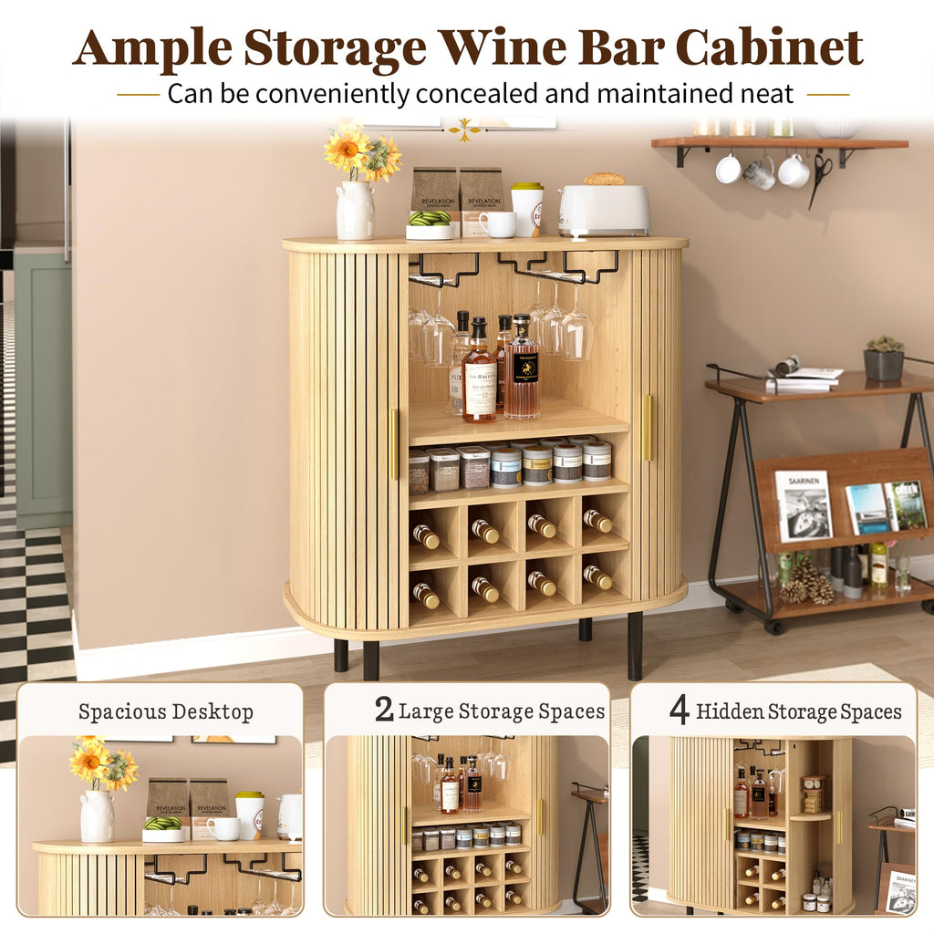 28" Fluted Wine Bar Cabinet with Storage, Modern Liquor Cabinets, Walnut