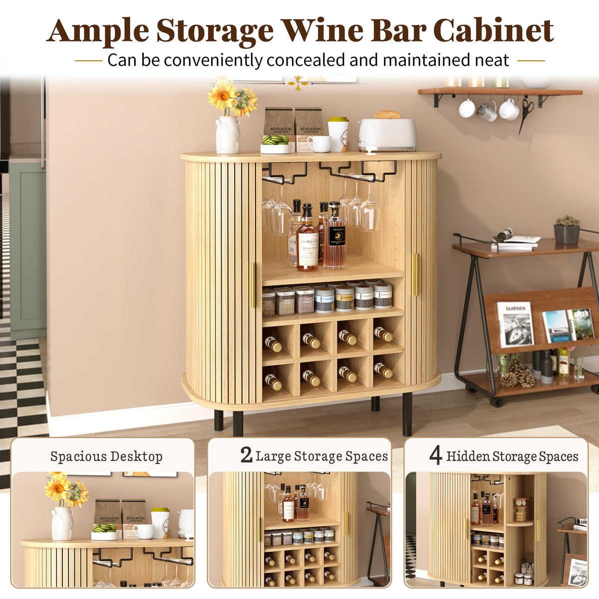 28" Fluted Wine Bar Cabinet with Storage, Modern Liquor Cabinets, Walnut