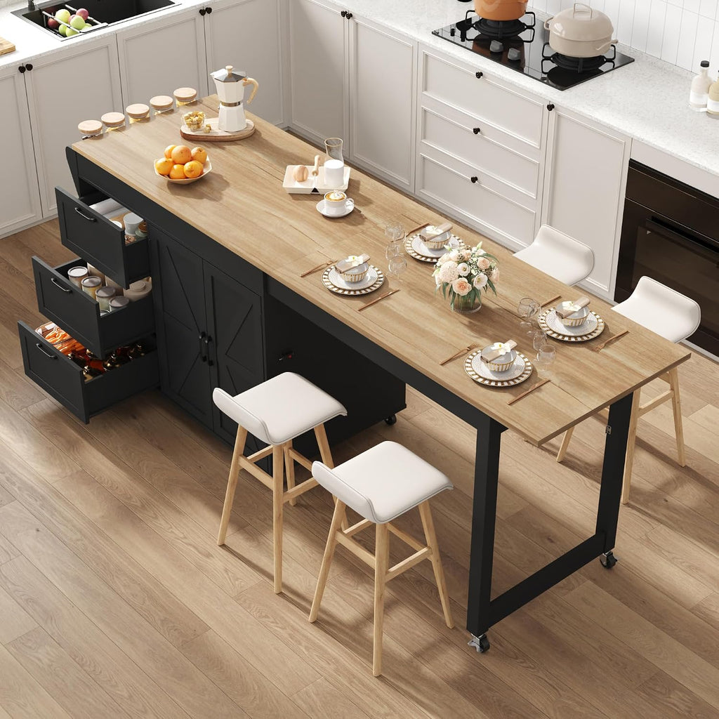 St.Mandyu 47â- 90â Flip-Top Kitchen Island with Extendable Dining Table, Mobile Rolling Storage Kitchen Cart with 3 Drawers & Spice Rack, Multi-Functional Bar Island Table Seats 2-4, Black