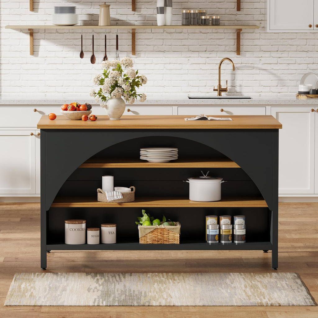 Tribesigns Kitchen Island with 3 Storage Shelves, 55" W Kitchen Shelf with Large Countertop and Seating Area, Modern Wooden Coffee Bar Table (White)