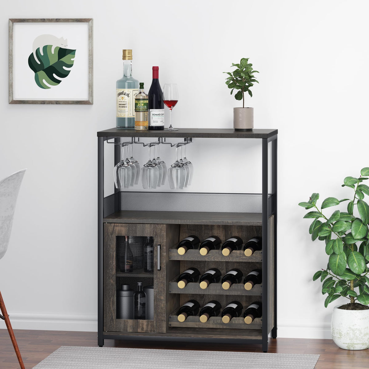 Wine Bar Cabinet, 3-Tier Detachable Wine Rack, Stemware Glass Holder, Mesh Door & Storage Shelves, Liquor Storage Buffet Sideboard for Kitchen, Dining Room, Living Room or Home Bar - Black