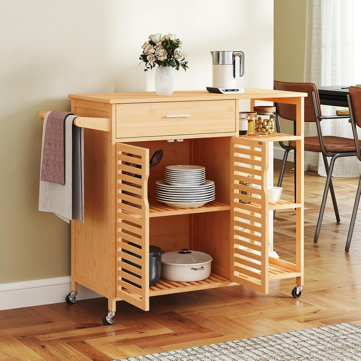 Moccha Rolling Kitchen Island Cart - Bamboo Kitchen Carts on Wheels with storage Cabinet, Large Drawer, 3-tier Open Shelf, Towel Rack, Sideboard, Mobile Kitchen Table for Dining Room Living Room Bar