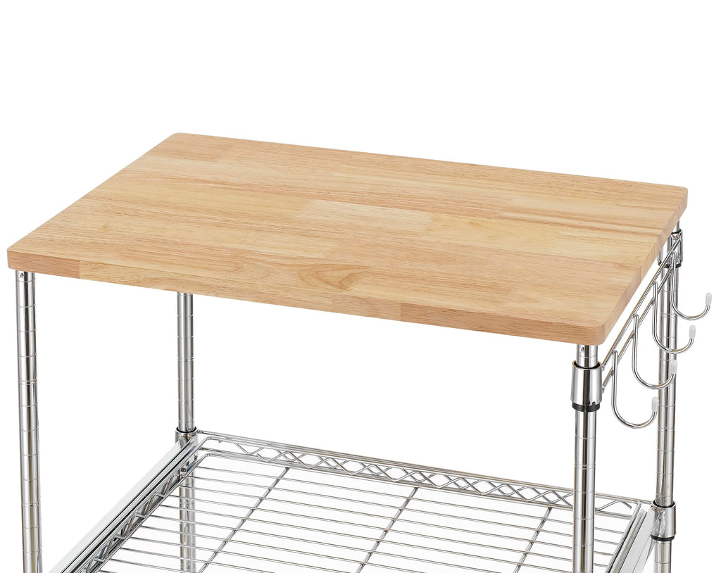 Finnhomy 3-Tier Rolling Kitchen Cart With 18" D x 30" W Oak Wood Tabletop, Kitchen Island With 4" Wheels and Slider Shelf, Microwave & Coffee Cart With Hooks for Dining Room, Chrome
