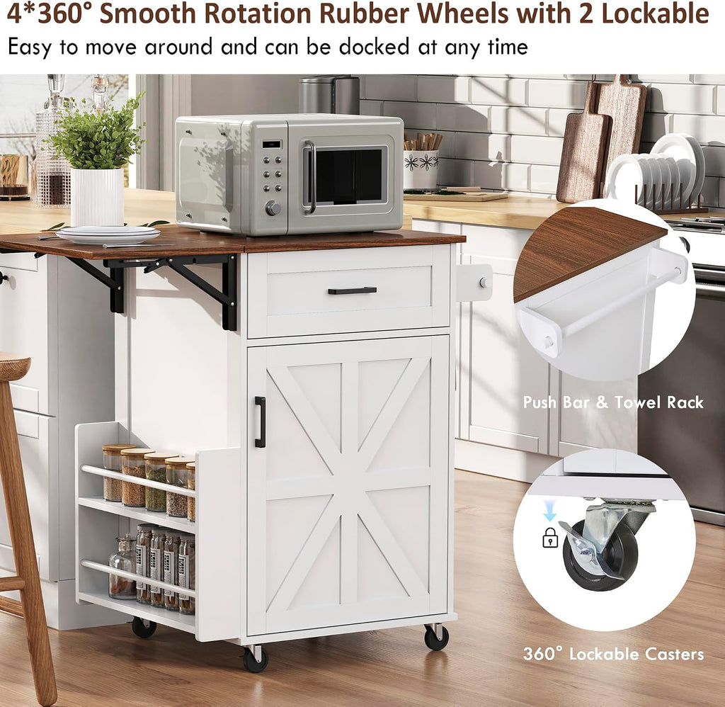 39.3"Farmhouse Kitchen Island with Open Side Rack and Drop Leaf and,Small Kitchen Rolling Cart with Drawer and Storage Cabinet, Narrow Mobile Dining Table with Lockable Wheels and Towel Rack White