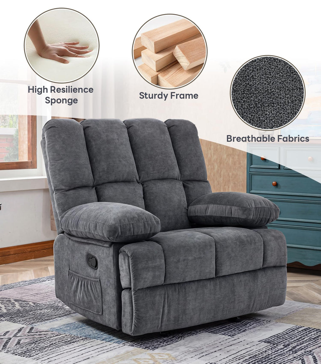 WILLOVE 41" Oversized Rocker Recliner Chair, Rocking Recliners Overstuffed Soft Big Man Manual Recliner, Extra Large Chenille Living Room Chair 350 LBS Capacity, Grey, L