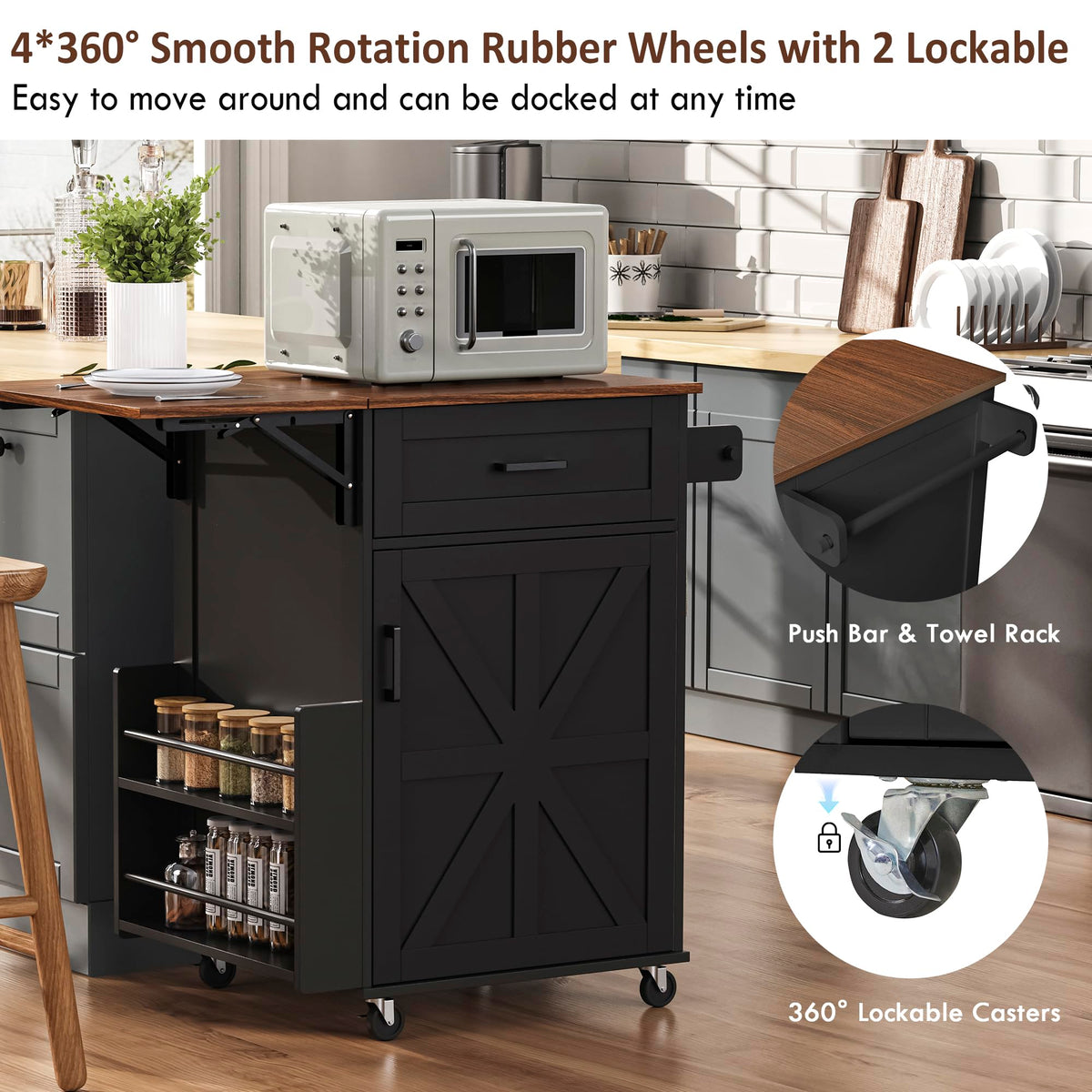 39.3"Farmhouse Kitchen Island with Open Side Rack and Drop Leaf and,Small Kitchen Rolling Cart with Drawer and Storage Cabinet, Narrow Mobile Dining Table with Lockable Wheels and Towel Rack White