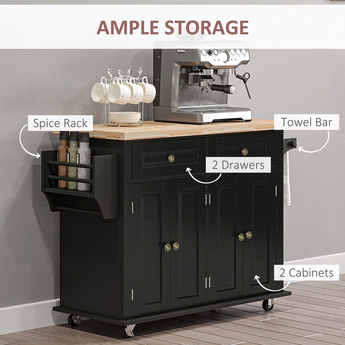 HOMCOM Kitchen Island Cart on Wheels with Solid Wood Top, 44" Cream White