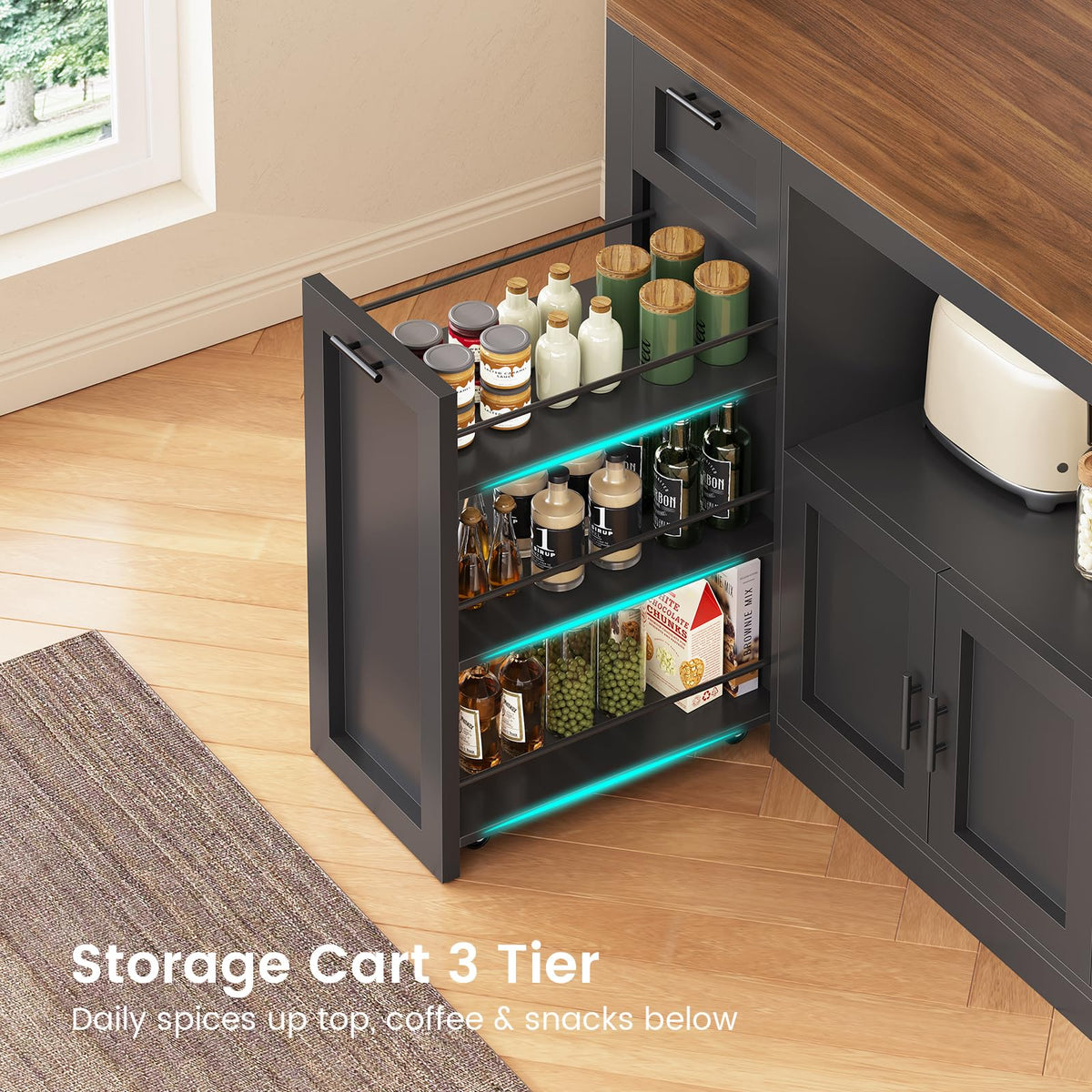 Itaar 71" Kitchen Pantry Cabinet with Charging Station and Led Light, Kitchen Storage Cabinets with Microwave Stand, 59" Wide Pantry Storage Cabinet with Storage Cart 3 Tier for Dining Room, White