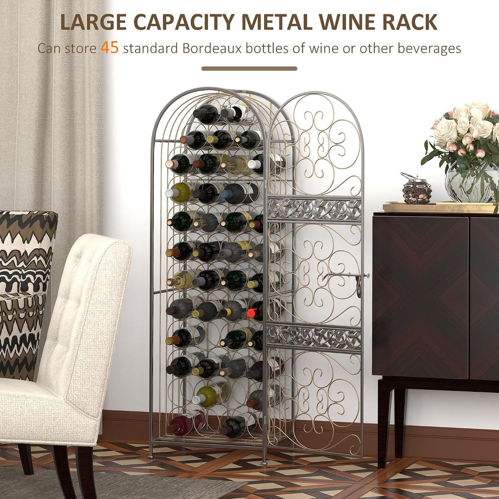 HOMCOM 45 Bottle Wrought Iron Wine Rack Jail with Lock Antique Bronze