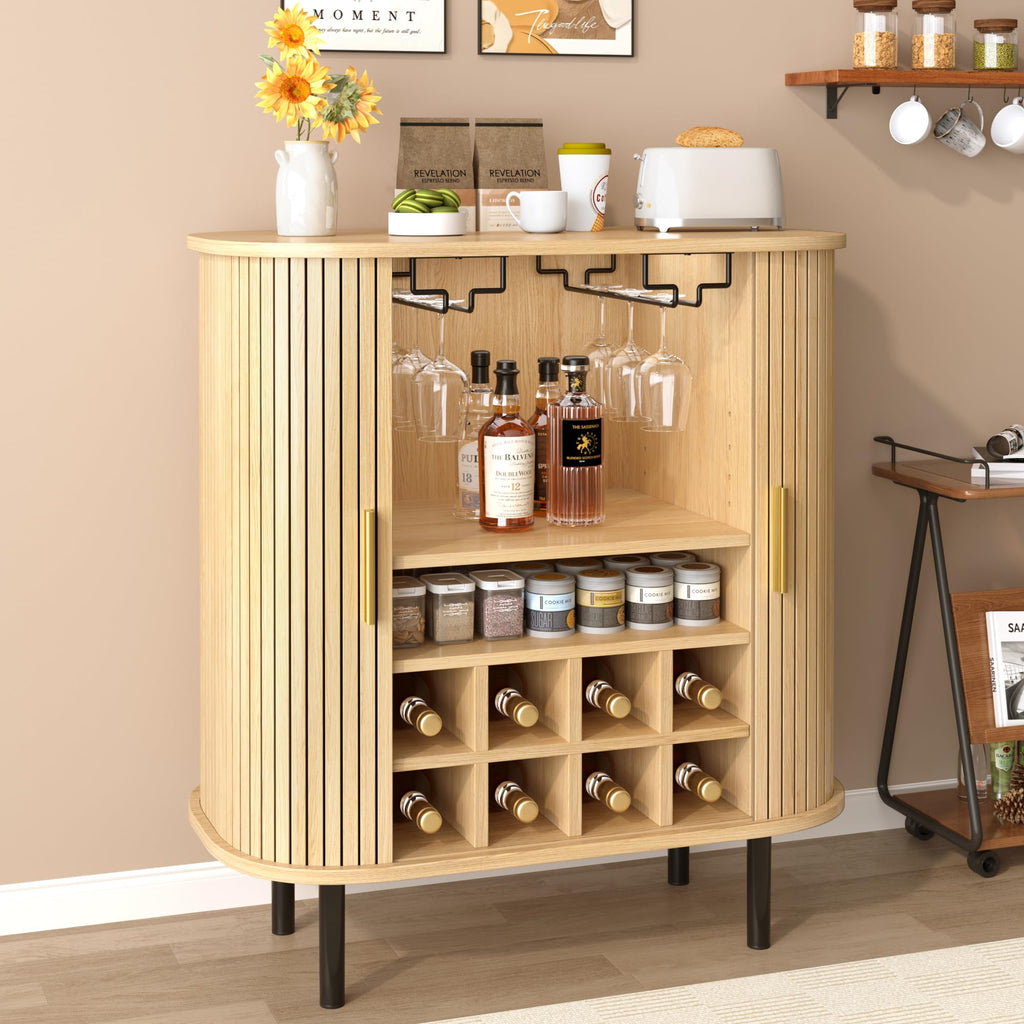28" Fluted Wine Bar Cabinet with Storage, Modern Liquor Cabinets, Walnut