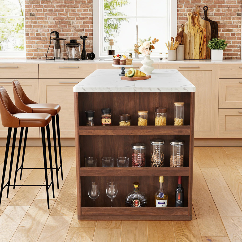 59" Kitchen Island with Storage & Seating for 2, Modern Stationary Kitchen Island with Faux Marble Top, 2 Drawers, Open Shelves & 5 Hooks, Counter Height Prep Table for Dining & Kitchen (White)