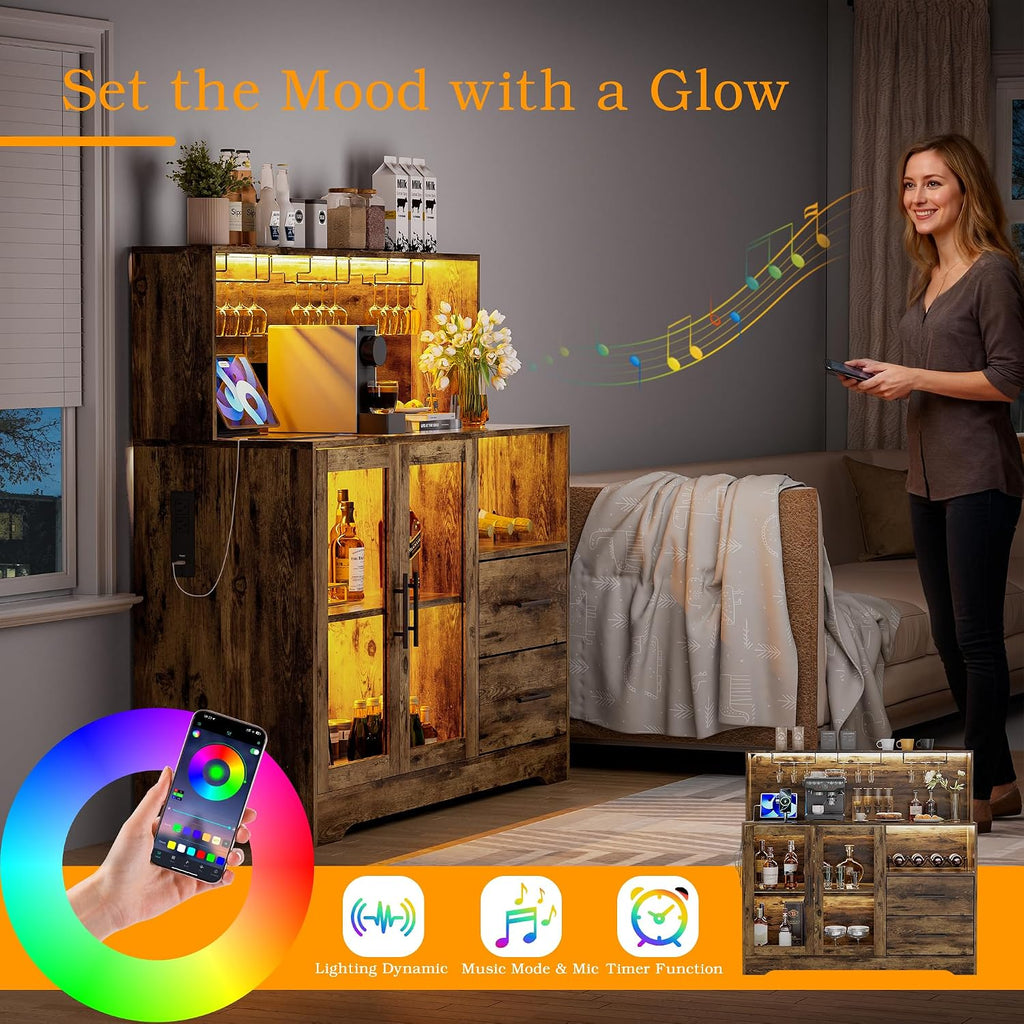 Home Bar Cabinet with Adjustable RGB LED Light, Wine & Coffee Storage with Rack & Drawers, Charging Station, Modern Liquor Cabinet for Living & Dining Room, All-in-One Wine Bar Cabinet (Rustic)