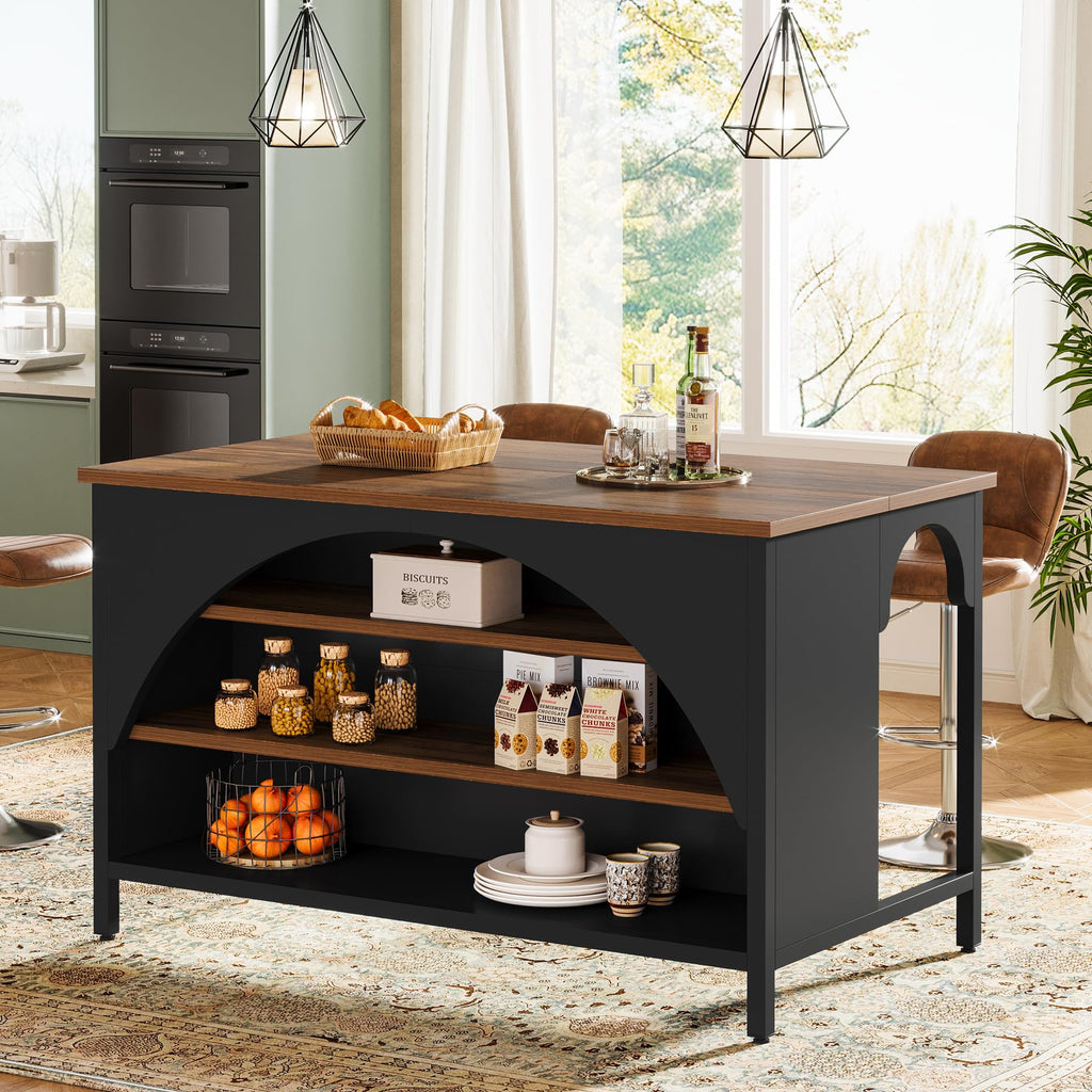 Tribesigns Kitchen Island with 3 Storage Shelves, 55" W Kitchen Shelf with Large Countertop and Seating Area, Modern Wooden Coffee Bar Table (White)