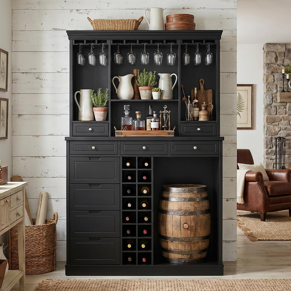 Coffee Bar Cabinet with Mini Fridge Space, 77.5" Tall Liquor Cabinet with Hutch, Glass Holder & Wine Rack, Modern Home Bar Storage with 9 Drawers for Kitchen Dining, Black