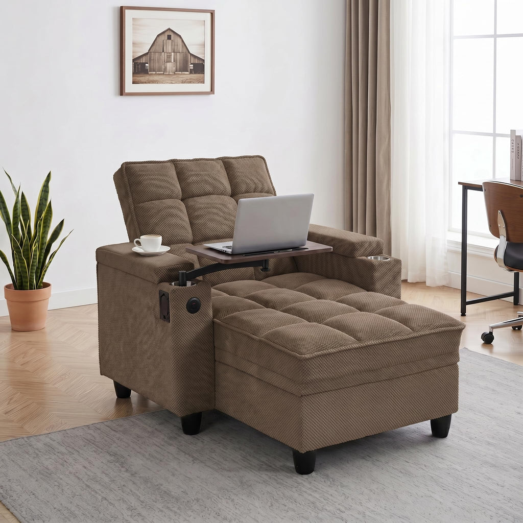 Convertible Sleeper Chair, Pull Out Sofa Bed with Adjustable Backrest & Hidden Storage Armrest, Single Sofa Recliner with USB Charging Port & Cup Holders for Living Room, Bedroom, Dark Gray