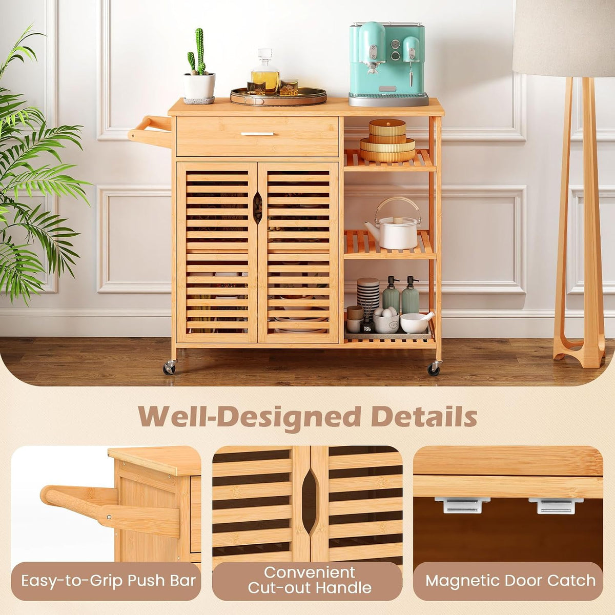 LOKO Mobile Bamboo Kitchen Island Cart, Rolling Storage Sideboard, Natural