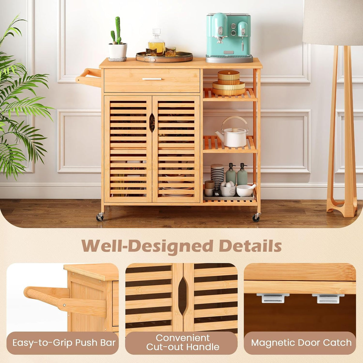 Bamboo Kitchen Island Cart with Storage, Rolling Butcher Block