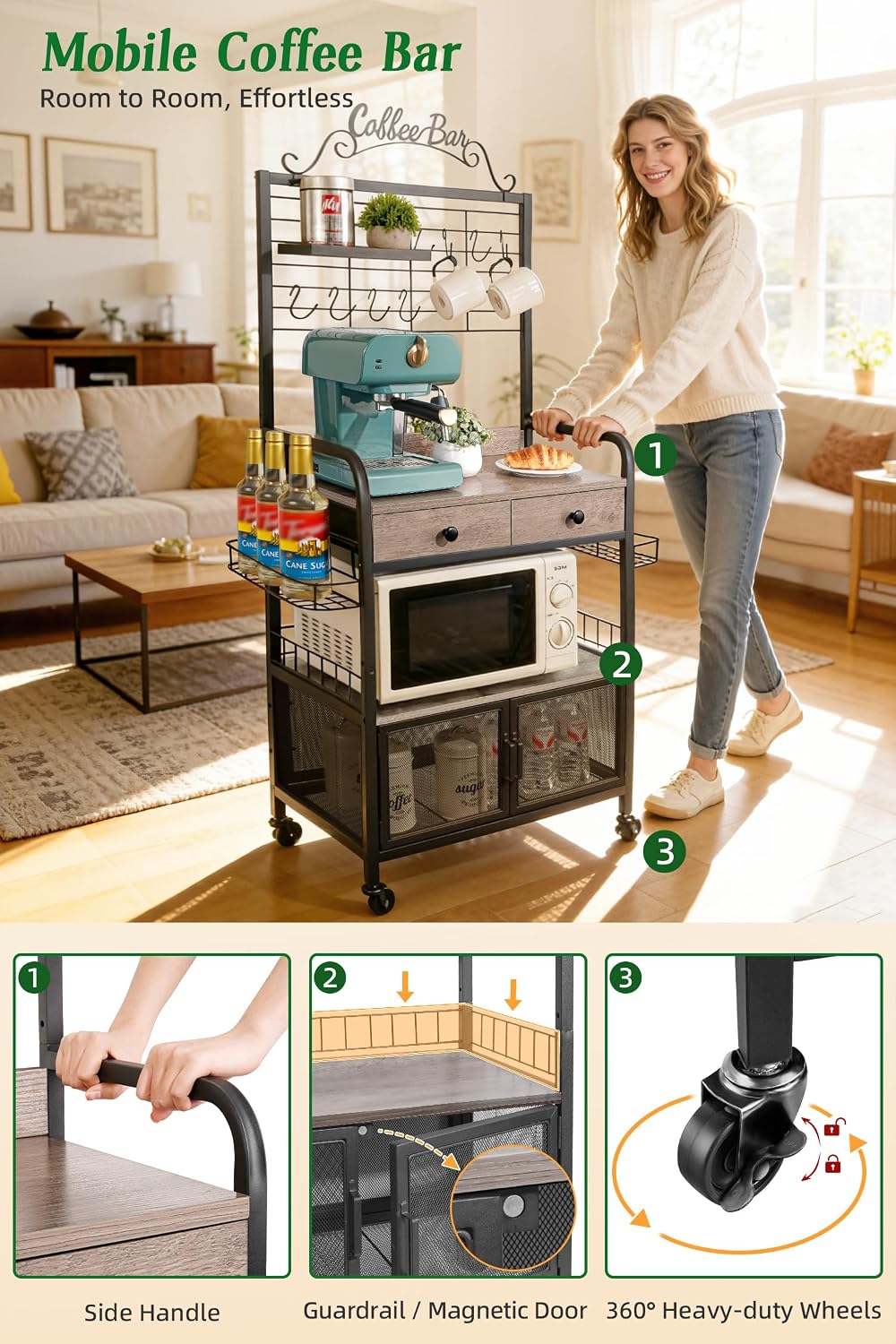 Coffee Bar Cabinet with Storage, Coffee Cart with Wheels, Coffee Station with Coffee Bar Sign and Mug Hook, Corner Coffee Bar Table with Drawer, Bakers Rack for Kitchen Dining Room Living Room Nook