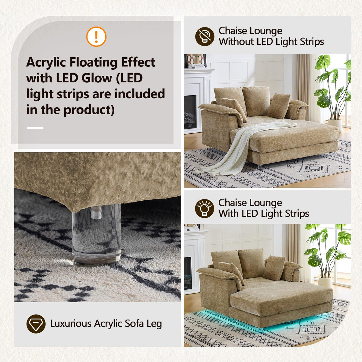 VINGLI 56" Wide Oversized Chaise Lounge Chair with Plush Padded Armrests