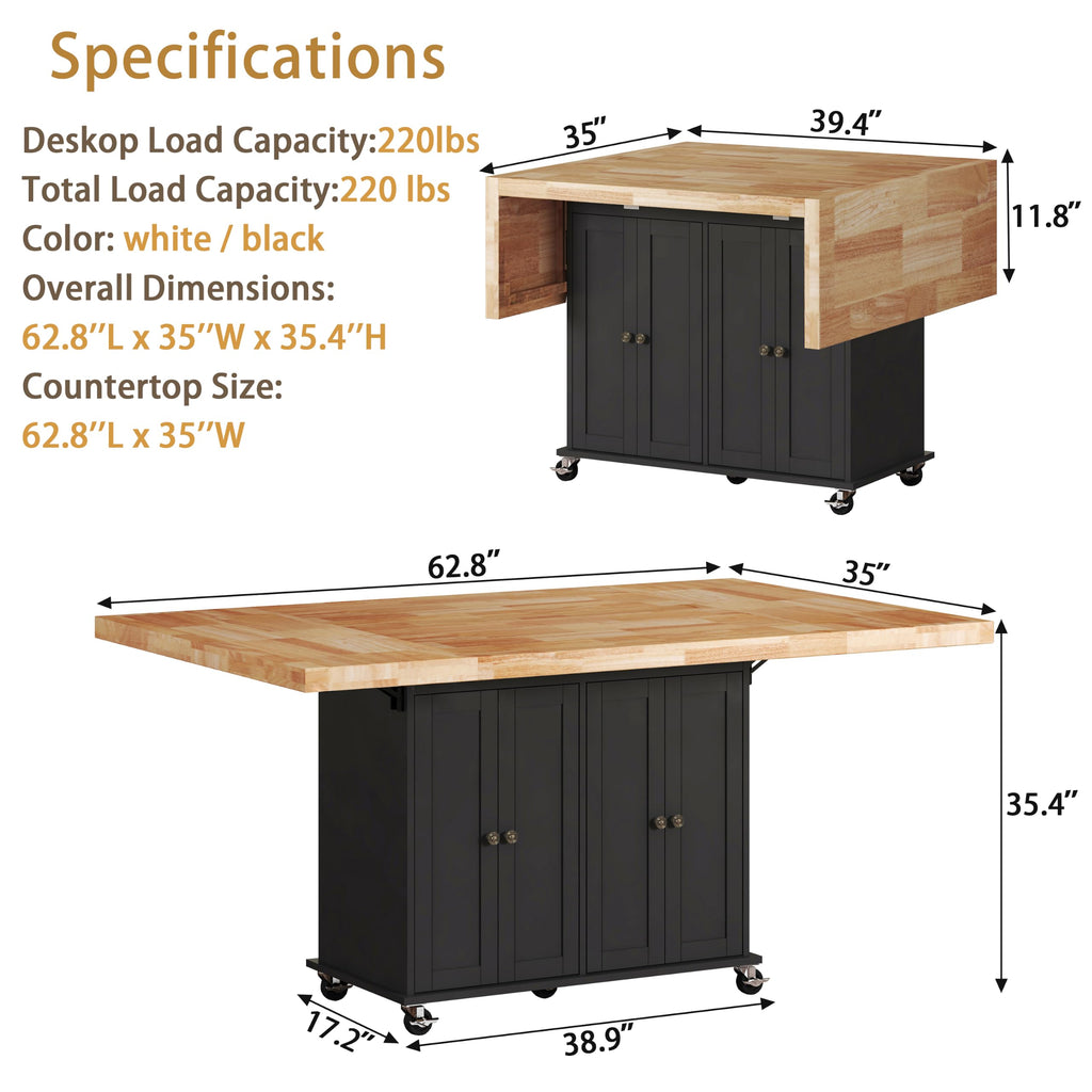 62.8" Rolling Kitchen Island with Double Drop Leaf Rubberwood Countertop, Mobile Kitchen Cart with Storage Cabinet & Lockable Wheels, Space-Saving Foldable Kitchen Prep Station for Dining Room, White