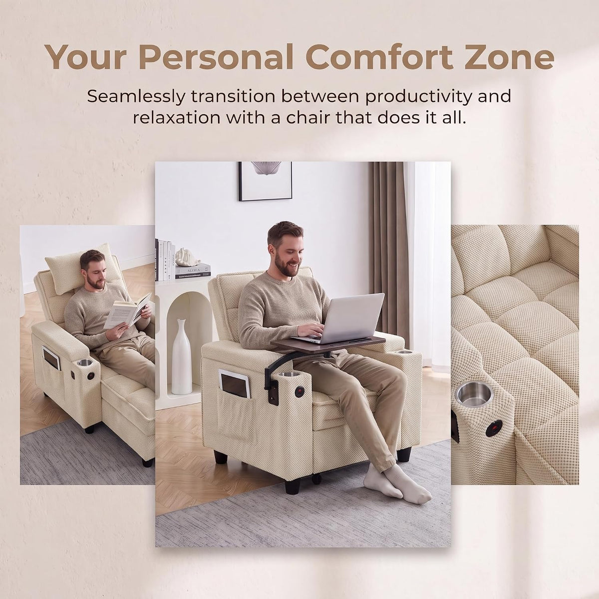 NicBex Sleeper Sofa Chair Bed with USB Port & Cup Holder &Side Table, Beige
