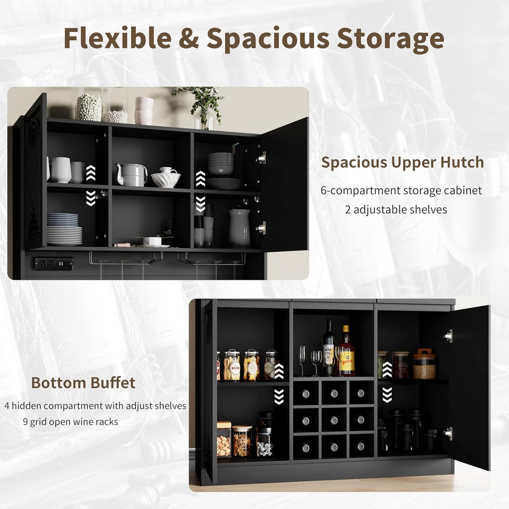71" Tall Bar Cabinet w/ LED & Power Outlet, Pantry Hutch w/ Microwave Shelf
