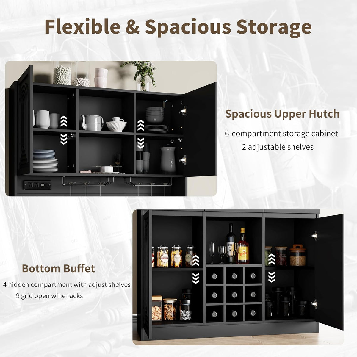 71" Tall Bar Cabinet w/ LED & Power Outlet, Pantry Hutch w/ Microwave Shelf