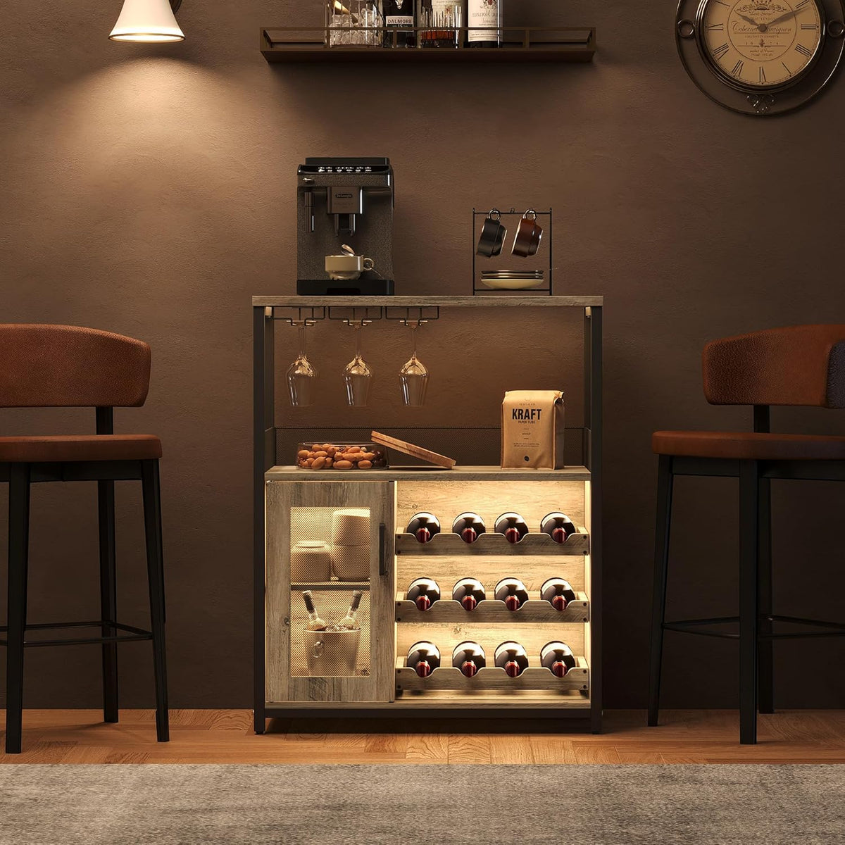 3-Tier Wine Bar Cabinet with Removable Wine Rack, Liquor Storage Cabinet with Glass Holder & Mesh Door, Coffee Bar Sideboard Buffet for Living Room or Dining Room, Gray