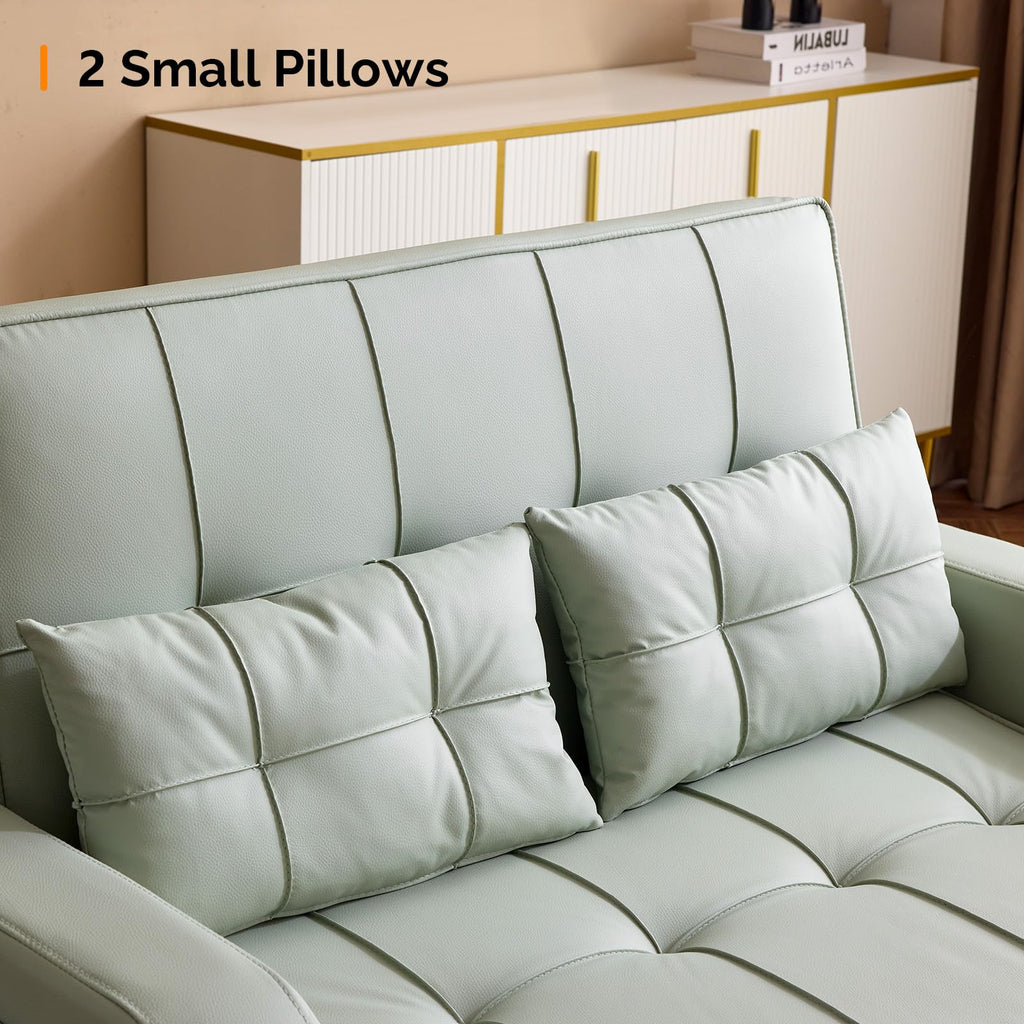 VINGLI Light Grey Futon Sofa Bed Convertible Loveseat Sleeper Couch, Faux Leather Pullout Sofa Fold Out Couch Bed with USB Ports, Cup Holders, Armrest for Living Room, Bedroom Apartment Room