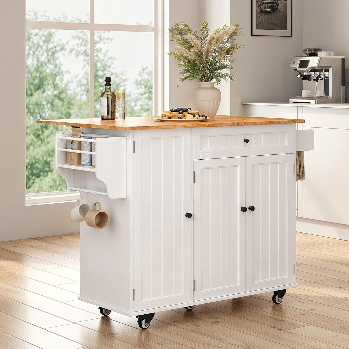 Ahomly Rolling Kitchen Island with Storage, Drop Leaf and Drawer, White