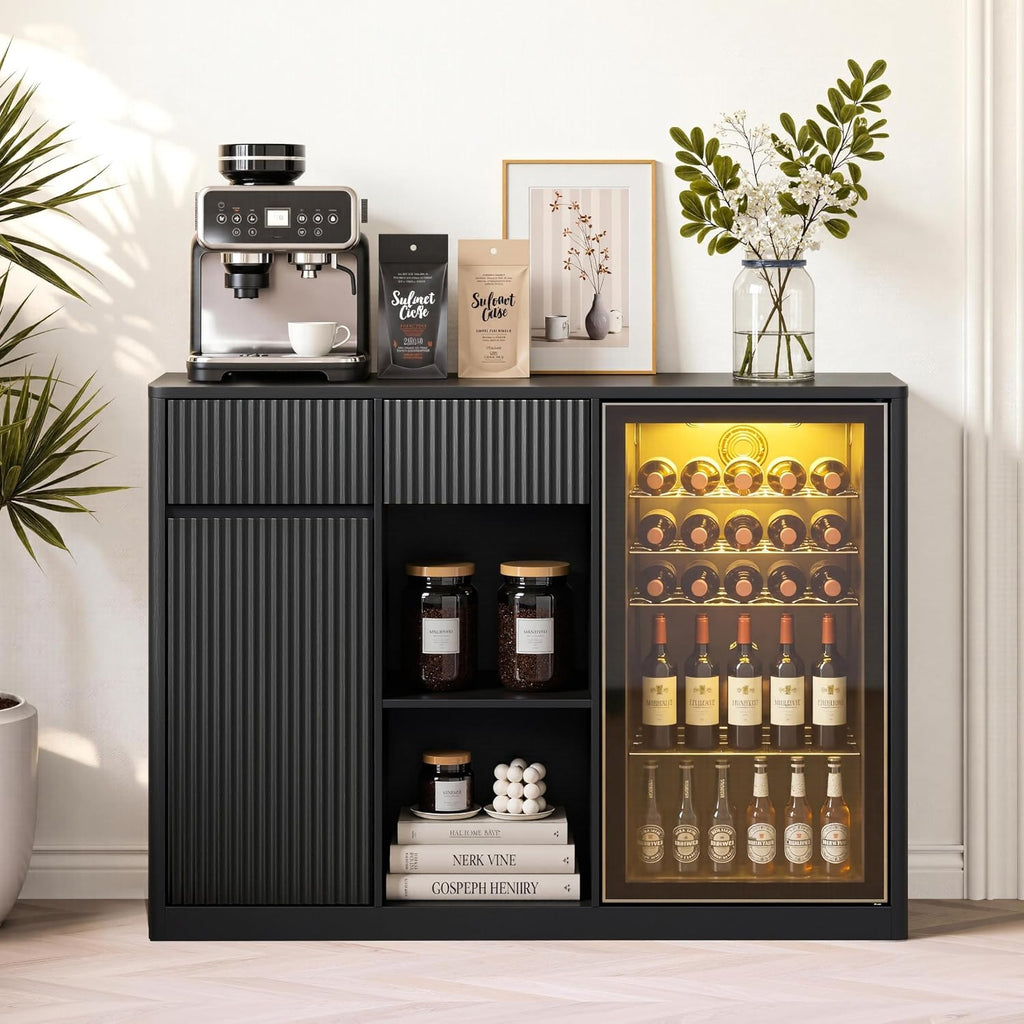 51" L Coffee Wine Bar Cabinet with Fridge Space, Charging Hub, Wine Rack