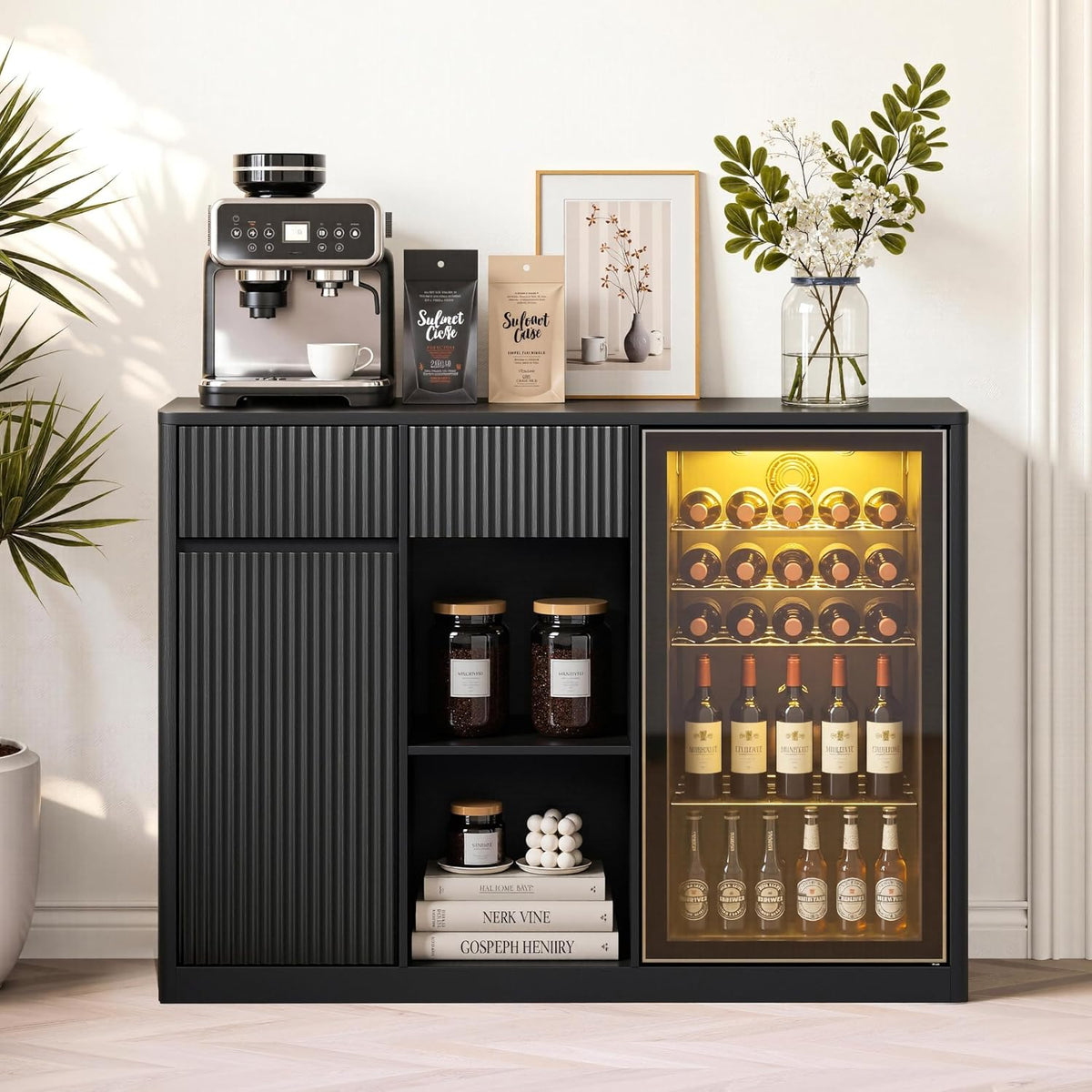 51" L Coffee Wine Bar Cabinet with Fridge Space, Charging Hub, Wine Rack