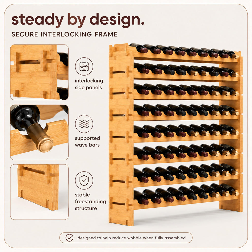 NutriChef 108 Bottle Stackable Modular Wine Rack, Upgraded 1â Thick Sideboard, .5â Rack Sticks, Sturdy Wobble Free Natural Bamboo Construction, Protective Moisture Resistant Finish, 33.5" x 10" x 63"
