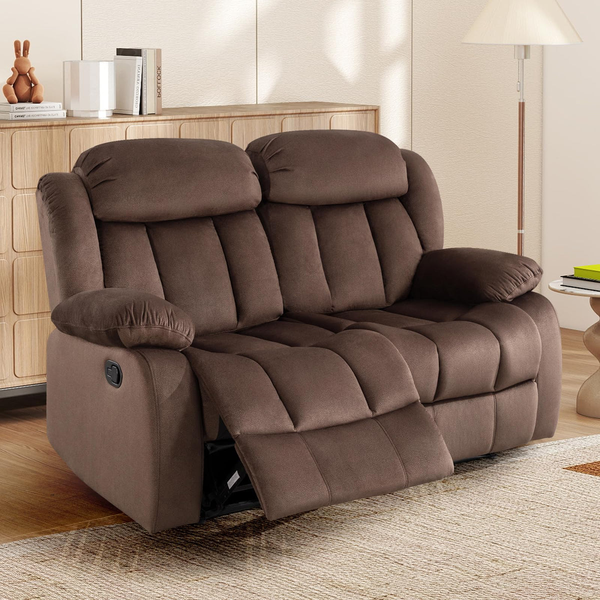 INZOY Manual Recliner Chair with Padded Armrest, Wall-Hugger Single Sofa Recliners with Overstuffed Back, Classical Fabric Reclining Chairs for Living Room Theater Seating, Brown
